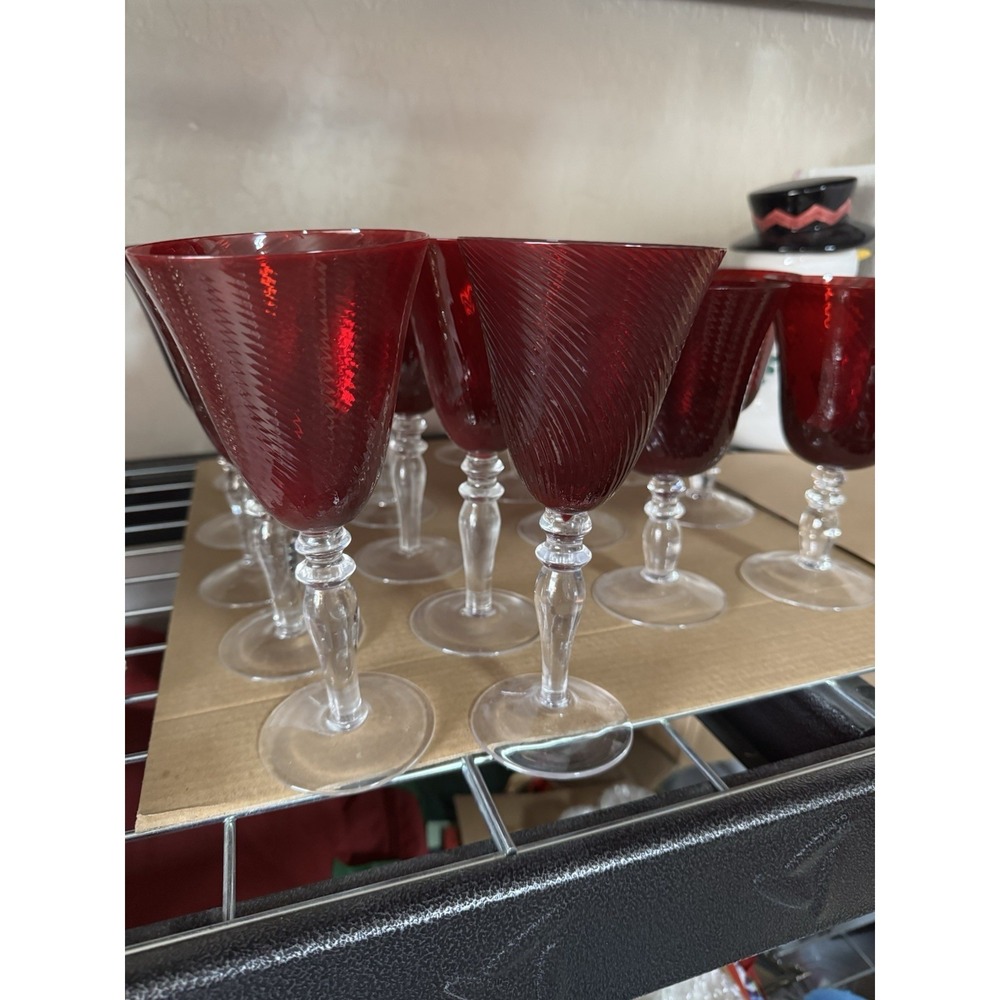 4 VTG Three Hand Corp Ruby Red Optic Swirl Wine Glass Goblets 8-1/4"